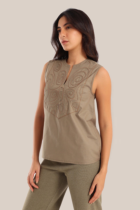 Embroidered sleeveless cotton round neckline top