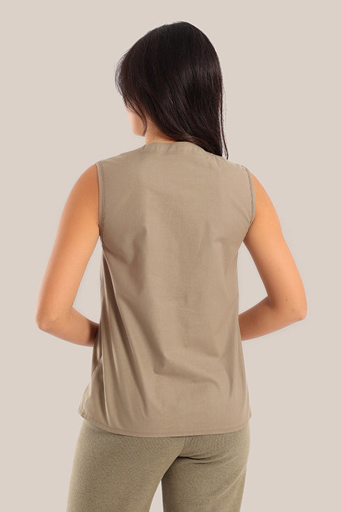 Embroidered sleeveless cotton round neckline top