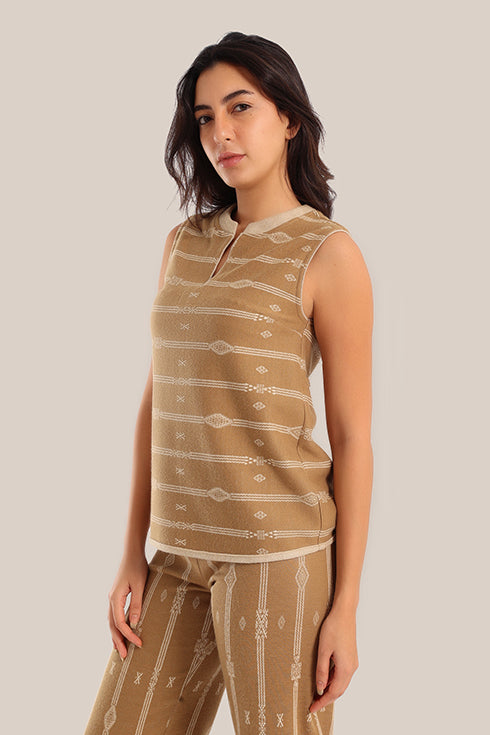 Sleeveless cotton-blend top with jacquard pattern