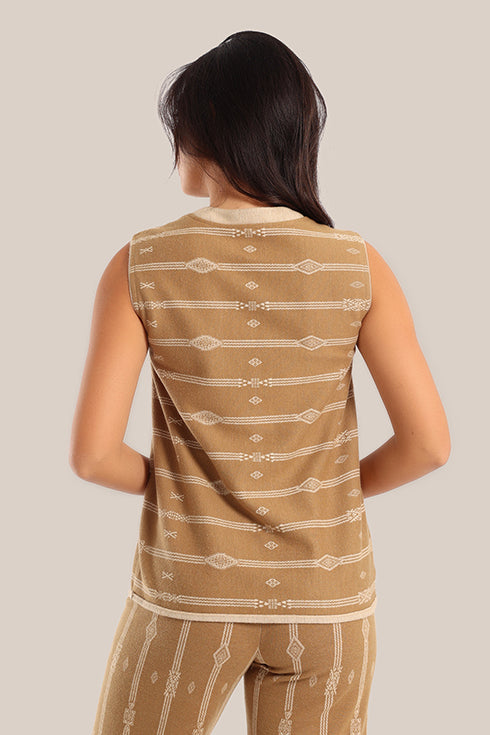 Sleeveless cotton-blend top with jacquard pattern