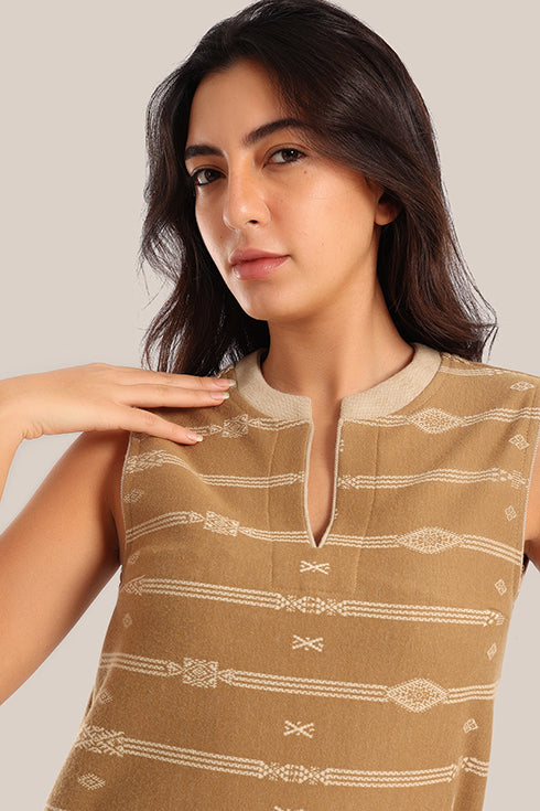 Sleeveless cotton-blend top with jacquard pattern