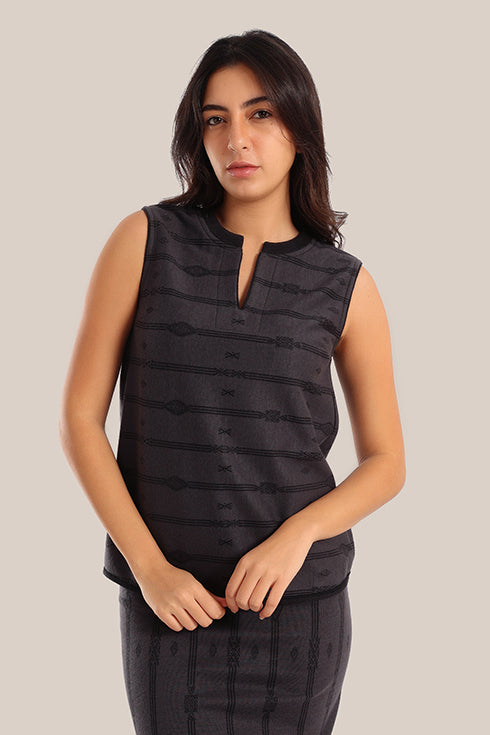 Sleeveless cotton-blend top with jacquard pattern