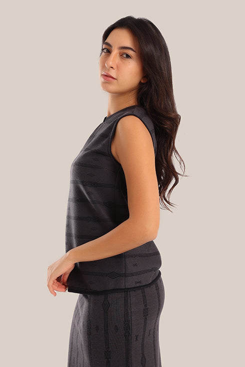 Sleeveless cotton-blend top with jacquard pattern