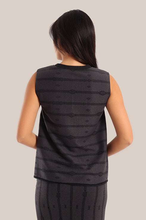 Sleeveless cotton-blend top with jacquard pattern