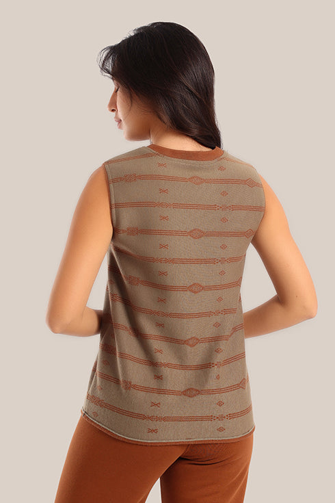 Sleeveless cotton-blend top with jacquard pattern