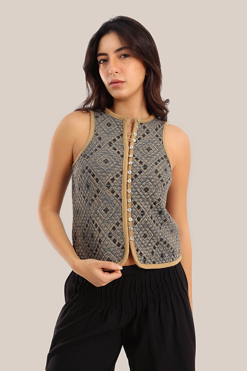 Sleeveless cotton printed short vest