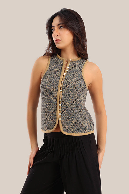 Sleeveless cotton printed short vest