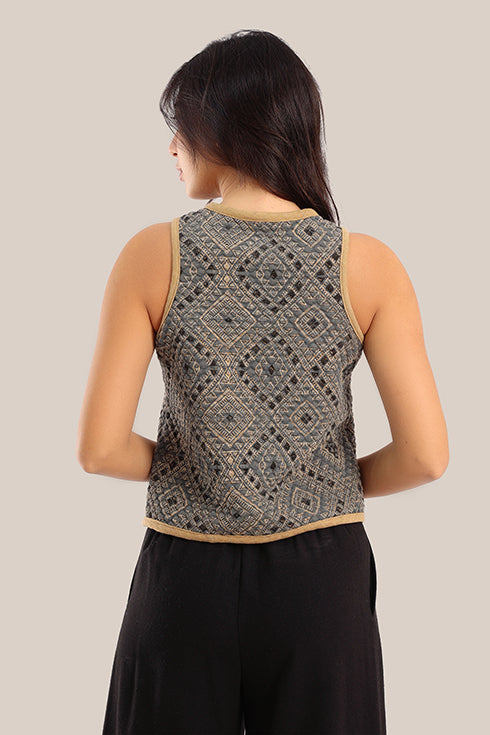 Sleeveless cotton printed short vest