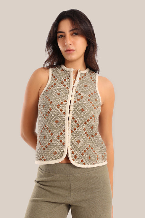 Sleeveless cotton printed short vest