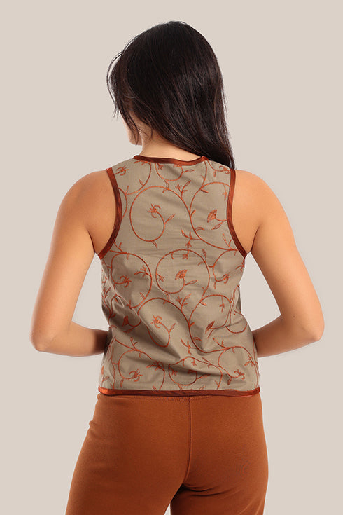 Embroidered cotton round-neck sleeveless vest