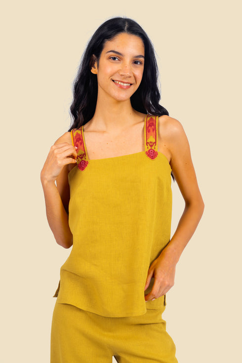 Embroidered short linen top