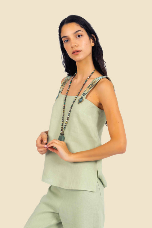 Embroidered short linen top