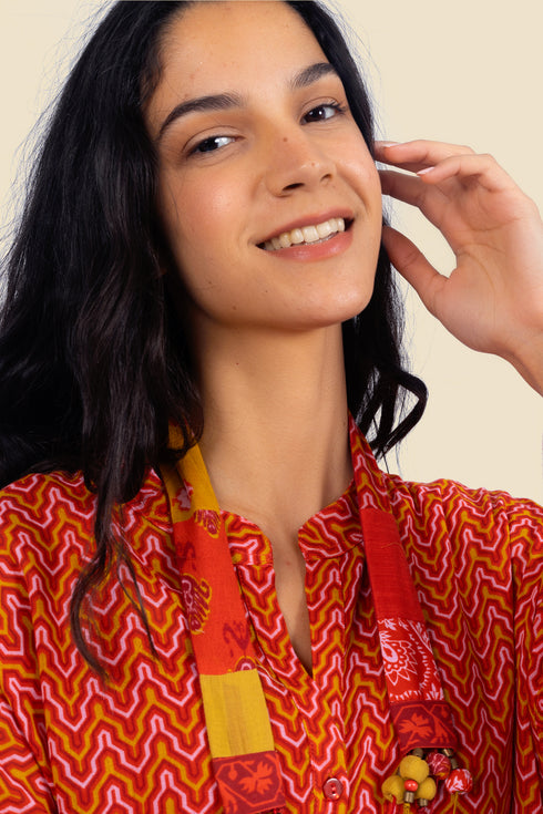 Over sized printed cotton top with 3/4 length sleeves