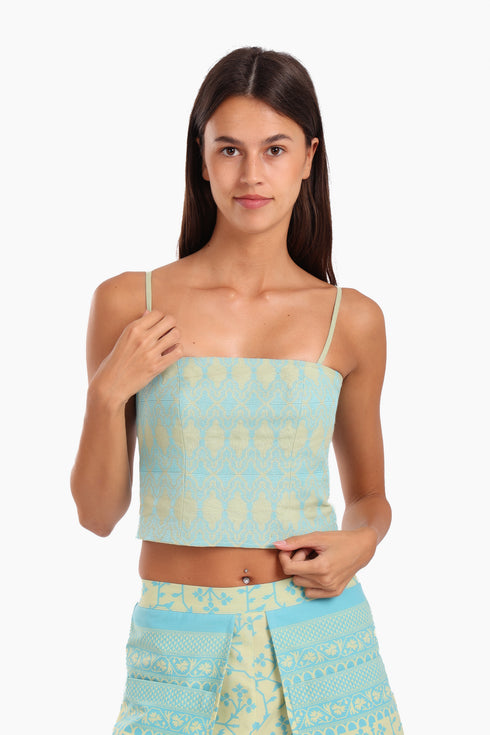 Embroidered short top in linen with adjustable straps