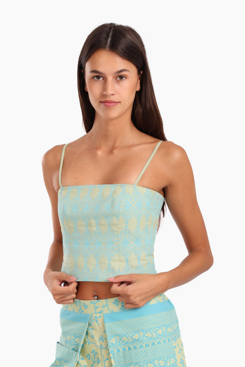 Embroidered short top in linen with adjustable straps
