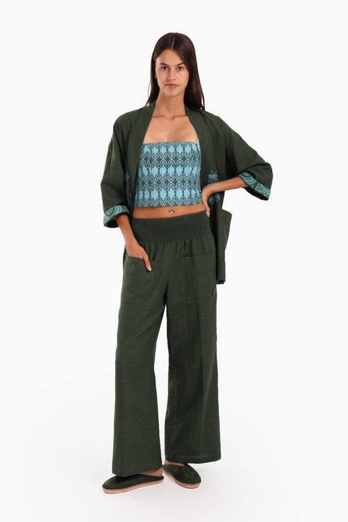 Embroidered short top in linen with adjustable straps