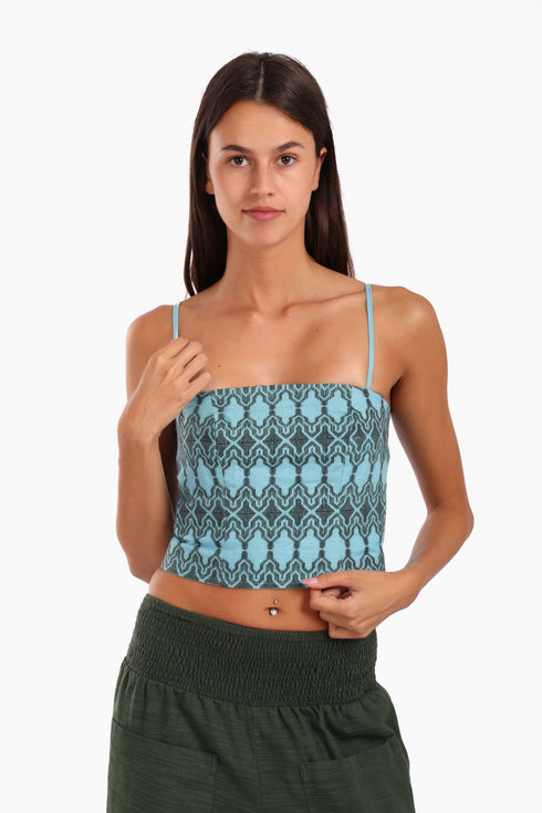 Embroidered short top in linen with adjustable straps