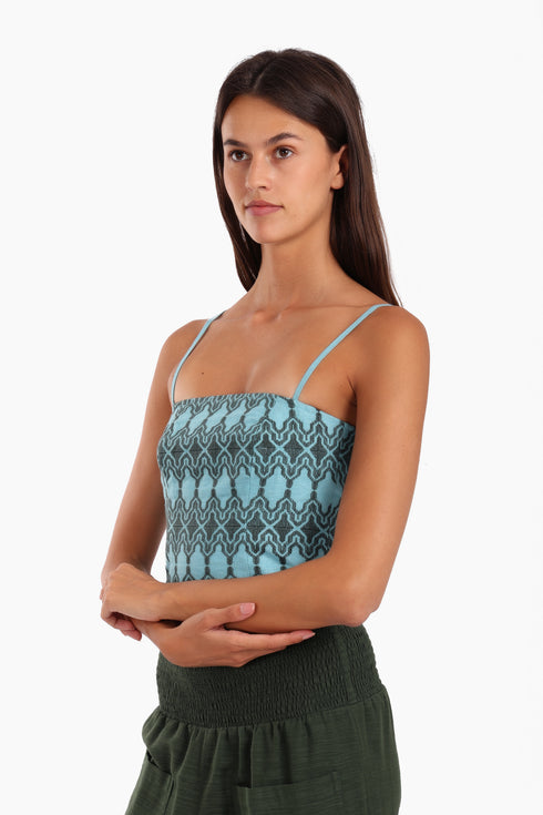 Embroidered short top in linen with adjustable straps