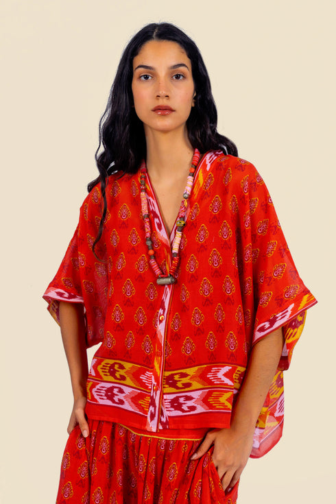 Short Shirt in printed cotton gauze with v-neckline