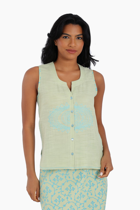 Embroidery short sleeveless top with round neckline
