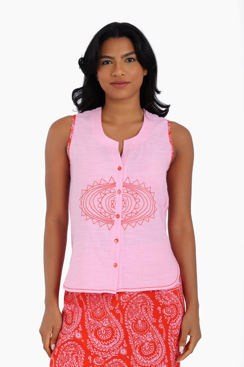 Embroidery short sleeveless top with round neckline