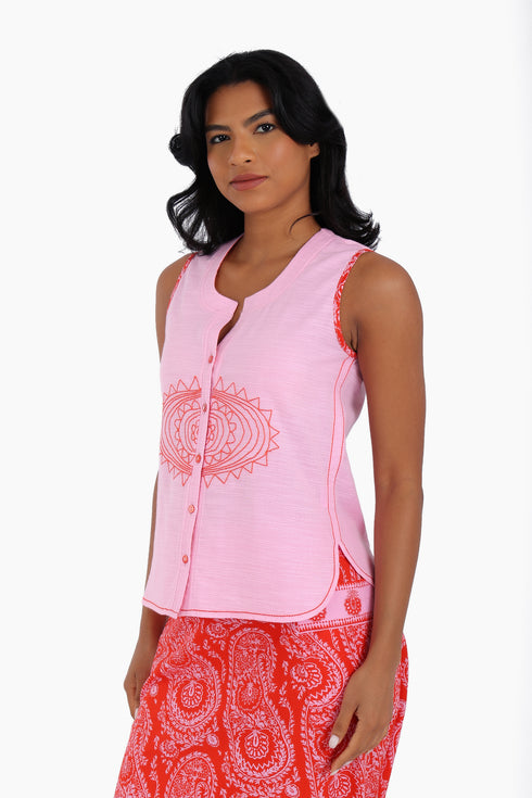 Embroidery short sleeveless top with round neckline