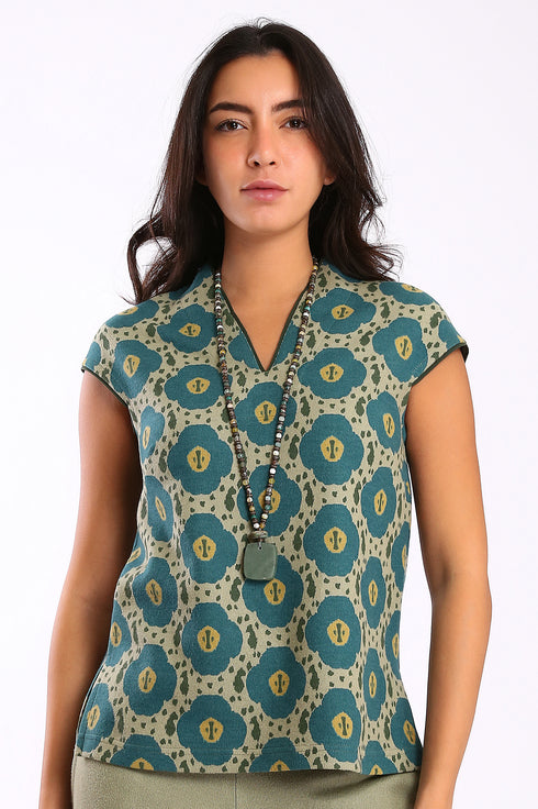 Short sleeves top in printed cotton blend cashmere