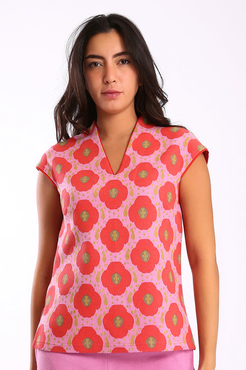 Short sleeves top in printed cotton blend cashmere