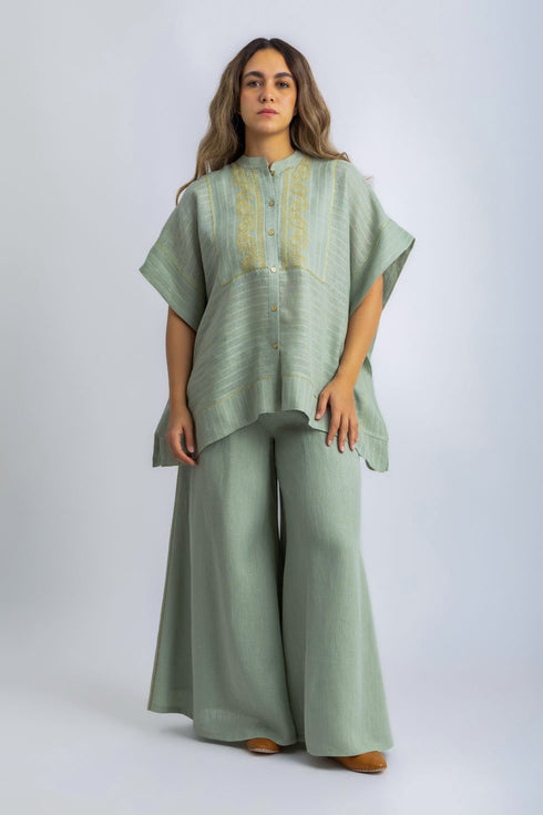 Embroidered striped linen loose shirt