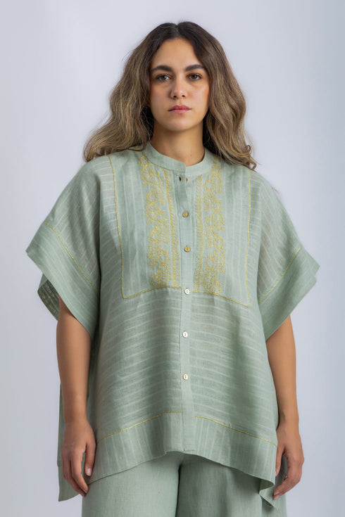 Embroidered striped linen loose shirt
