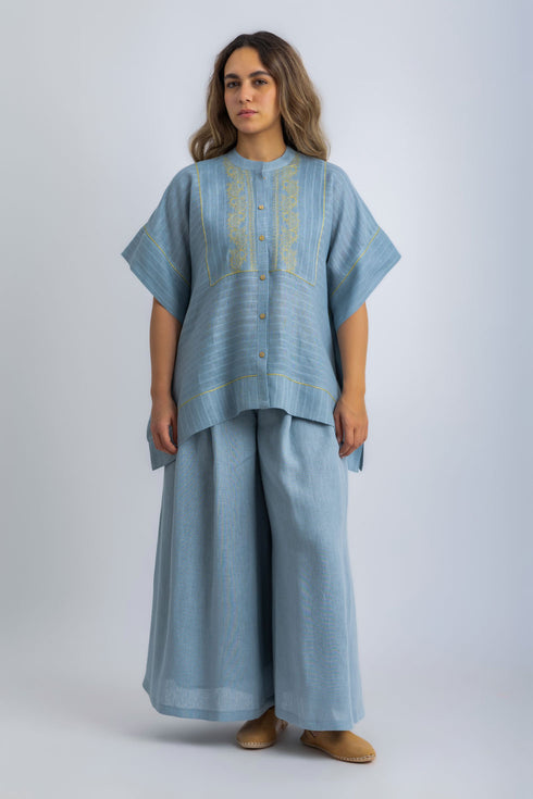 Embroidered striped linen loose shirt