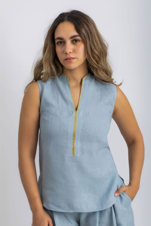 Linen sleeveless embellished top