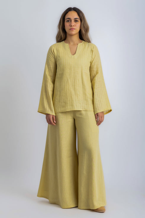 Striped linen top with printed flower on the back