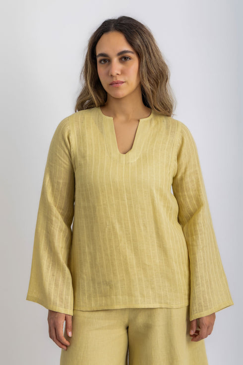 Striped linen top with printed flower on the back