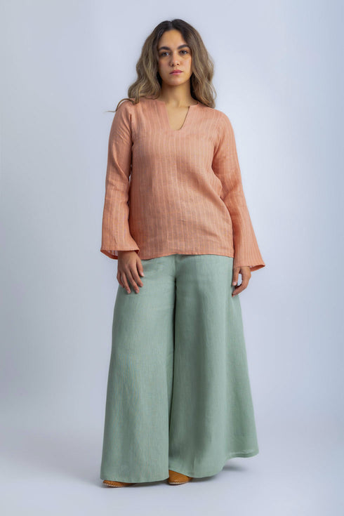 Striped linen top with printed flower on the back