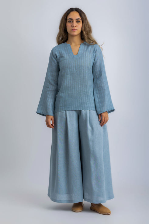 Striped linen top with printed flower on the back