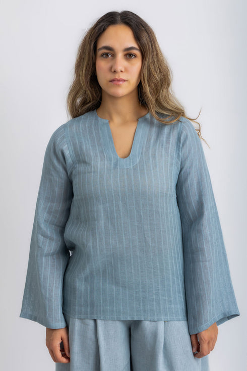 Striped linen top with printed flower on the back