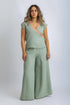 Linen wrap-detail sleeveless top with golden trim