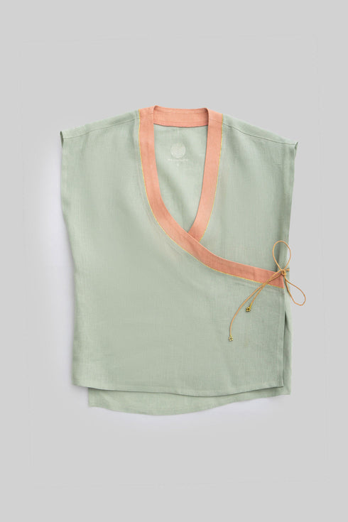 Linen wrap-detail sleeveless top with golden trim