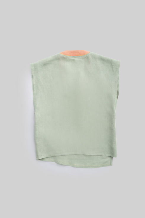 Linen wrap-detail sleeveless top with golden trim