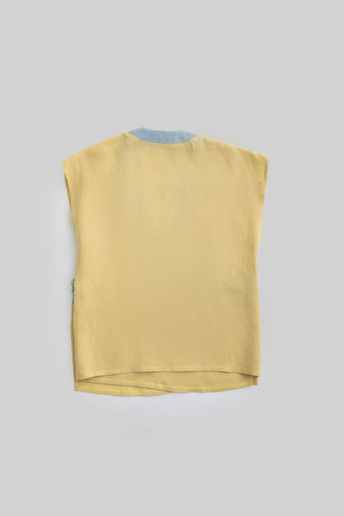 Linen wrap-detail sleeveless top with golden trim
