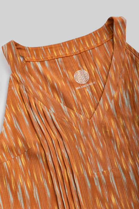 Printed cotton pleated sleeveless top