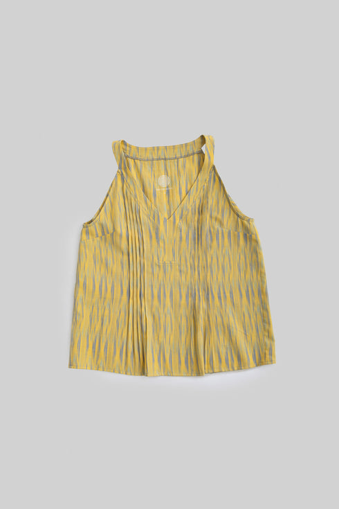 Printed cotton pleated sleeveless top