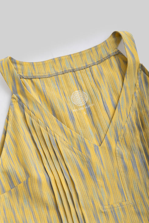 Printed cotton pleated sleeveless top