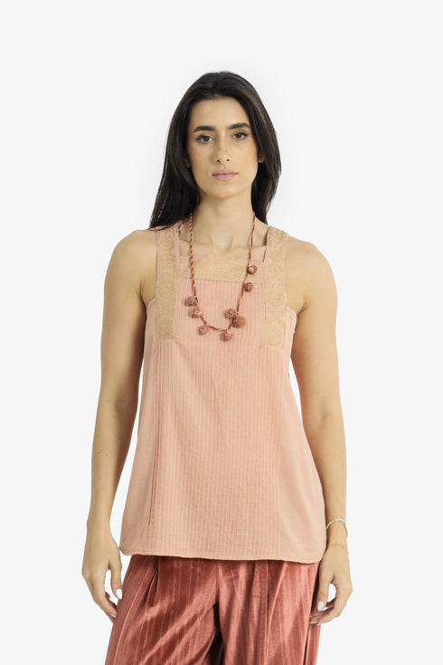 Golden pleated cotton voile top