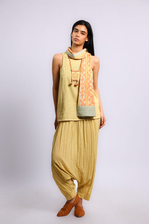 Golden pleated cotton voile top