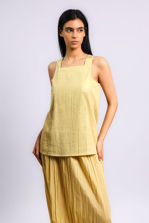 Golden pleated cotton voile top