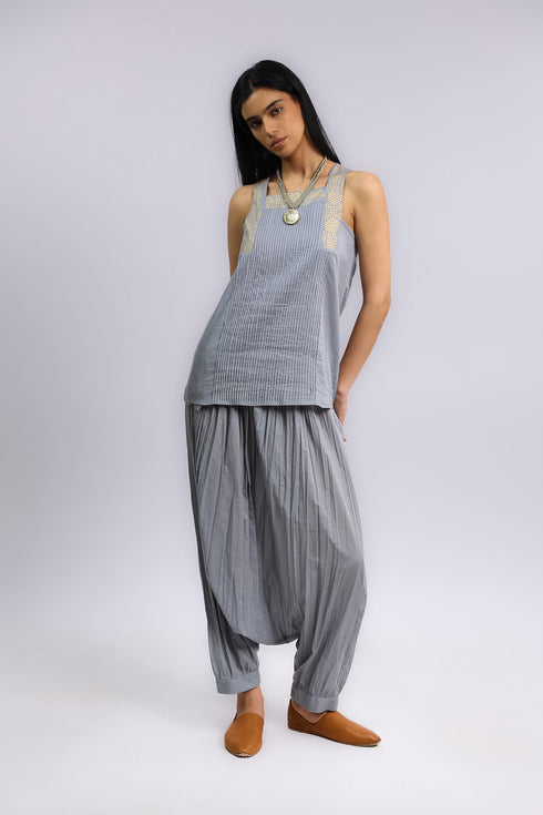 Golden pleated cotton voile top