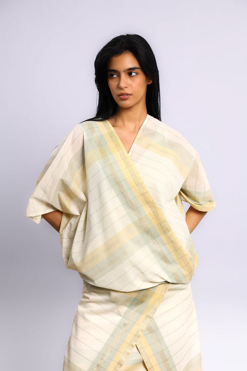 Woven crossover top with V-neckline