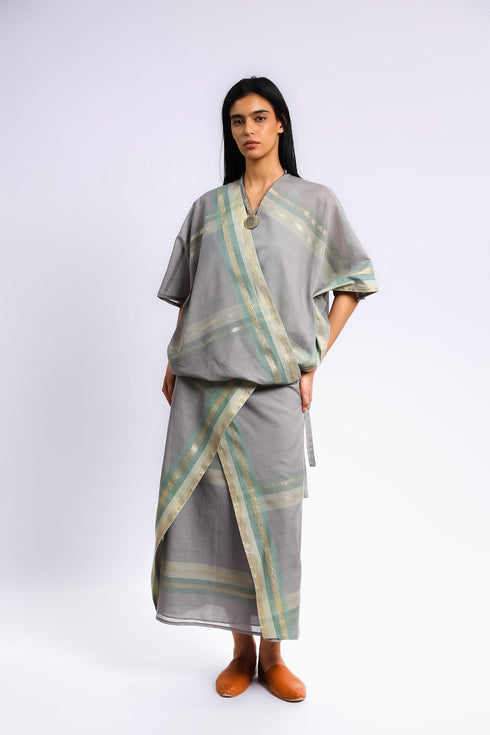 Woven crossover top with V-neckline